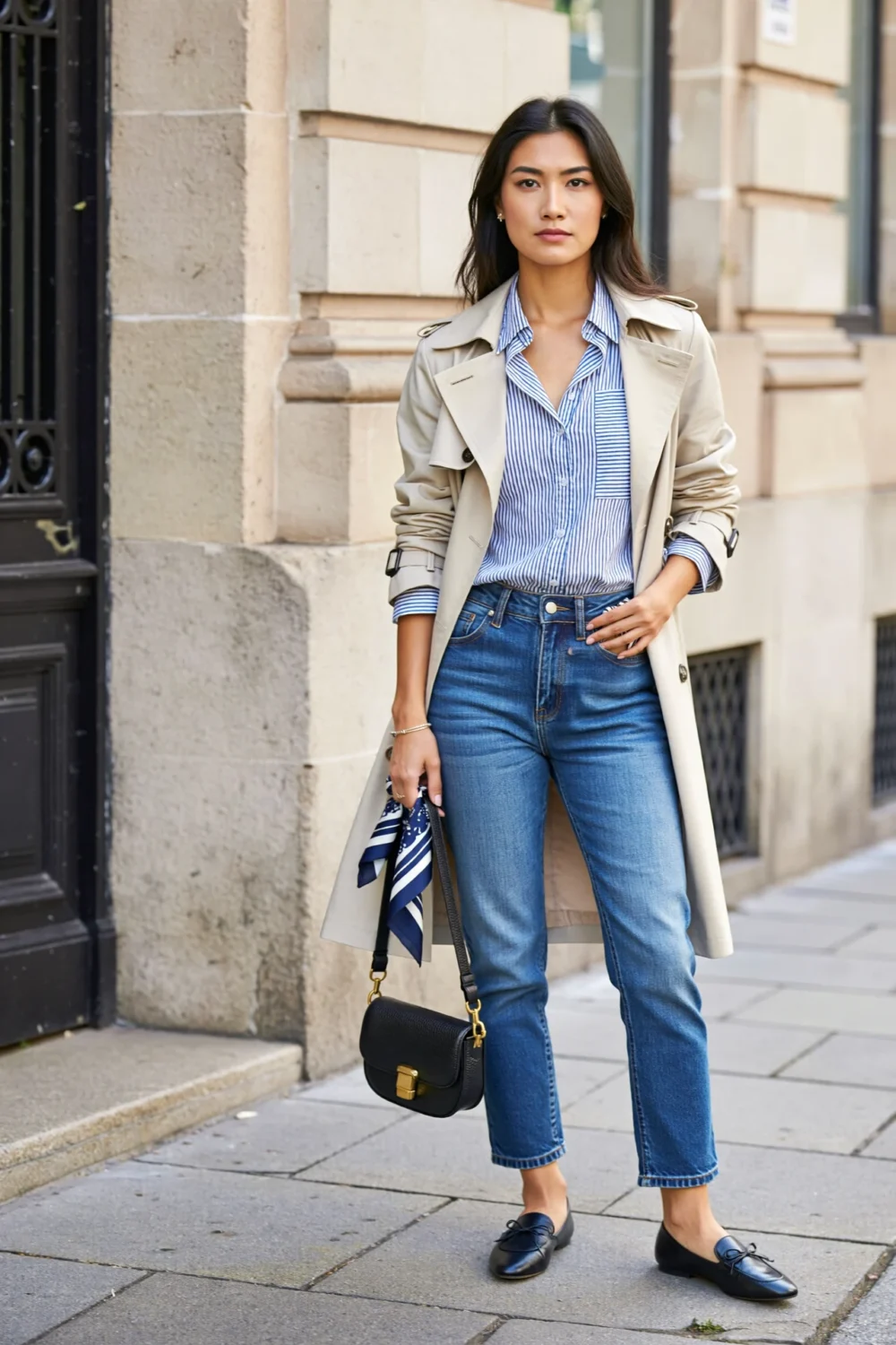 Beige trench over blue-and-white striped shirt with mid-blue jeans and black flats, creating a polished Parisian street-style look.