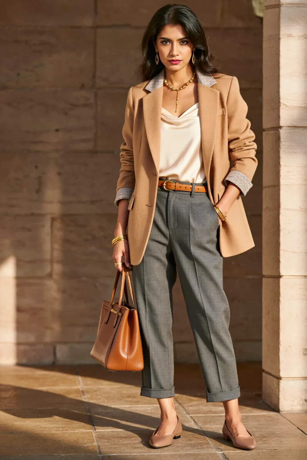 Woman in camel blazer, ivory silk shell and mid-grey trousers, styled with gold jewelry, taupe pumps and tan tote bag, polished look