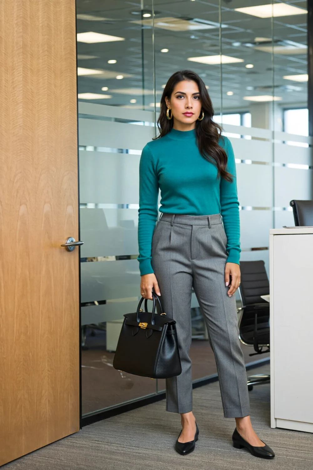 Professional office outfit with emerald crewneck, mid-grey trousers, gold hoops, black pumps, and a structured satchel in office setting