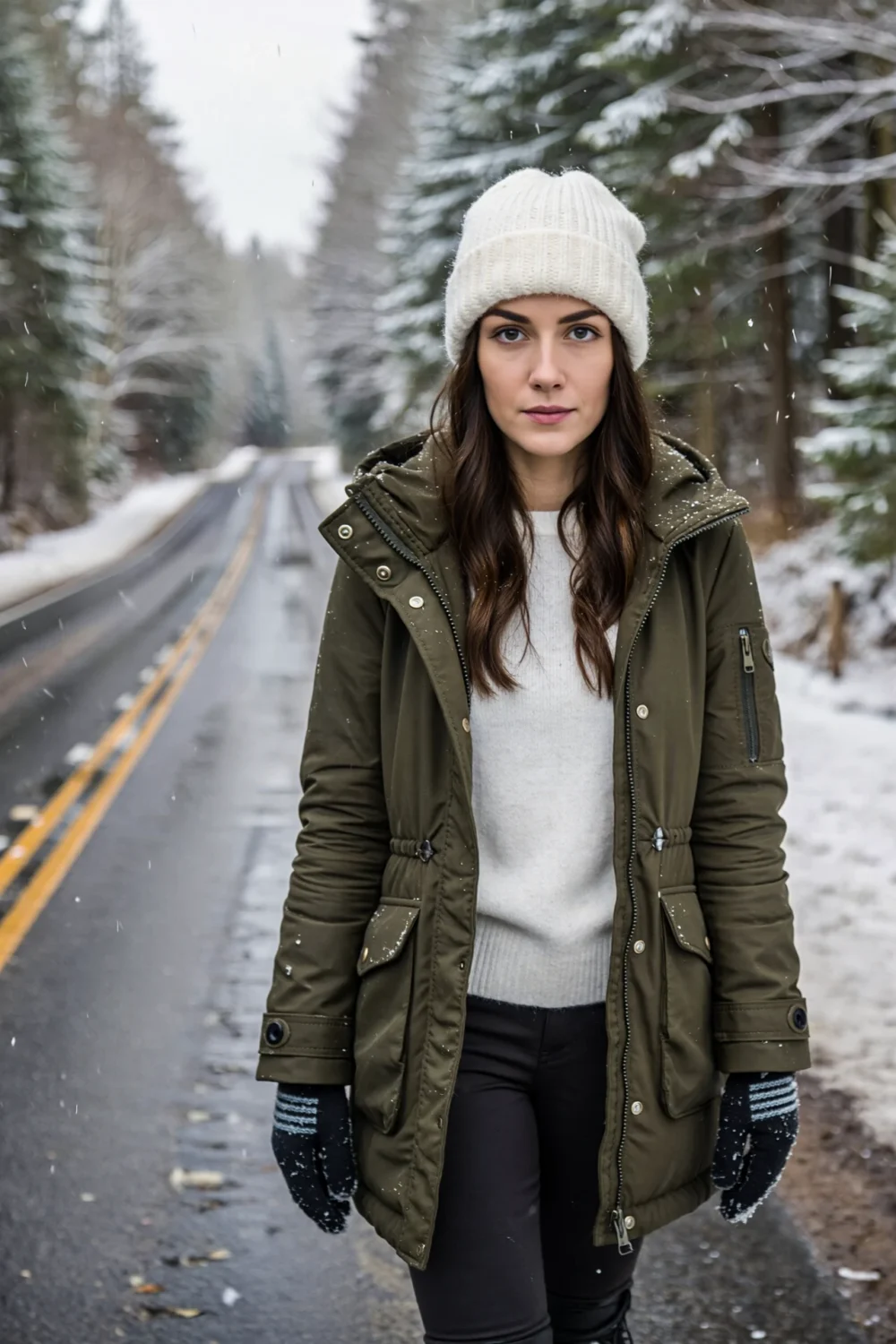 Woman wearing a mid-thigh insulated parka over a merino sweater and knit hat, standing on a snowy road with warm gloves and boots.
