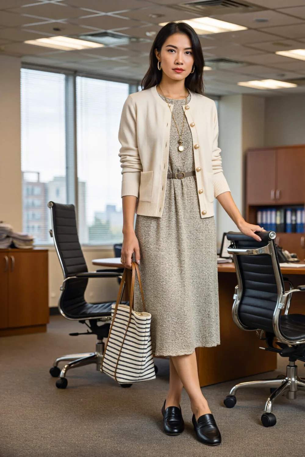 Cream structured cardigan over a midi dress with low black pumps and striped tote, creating a polished, wearable office look