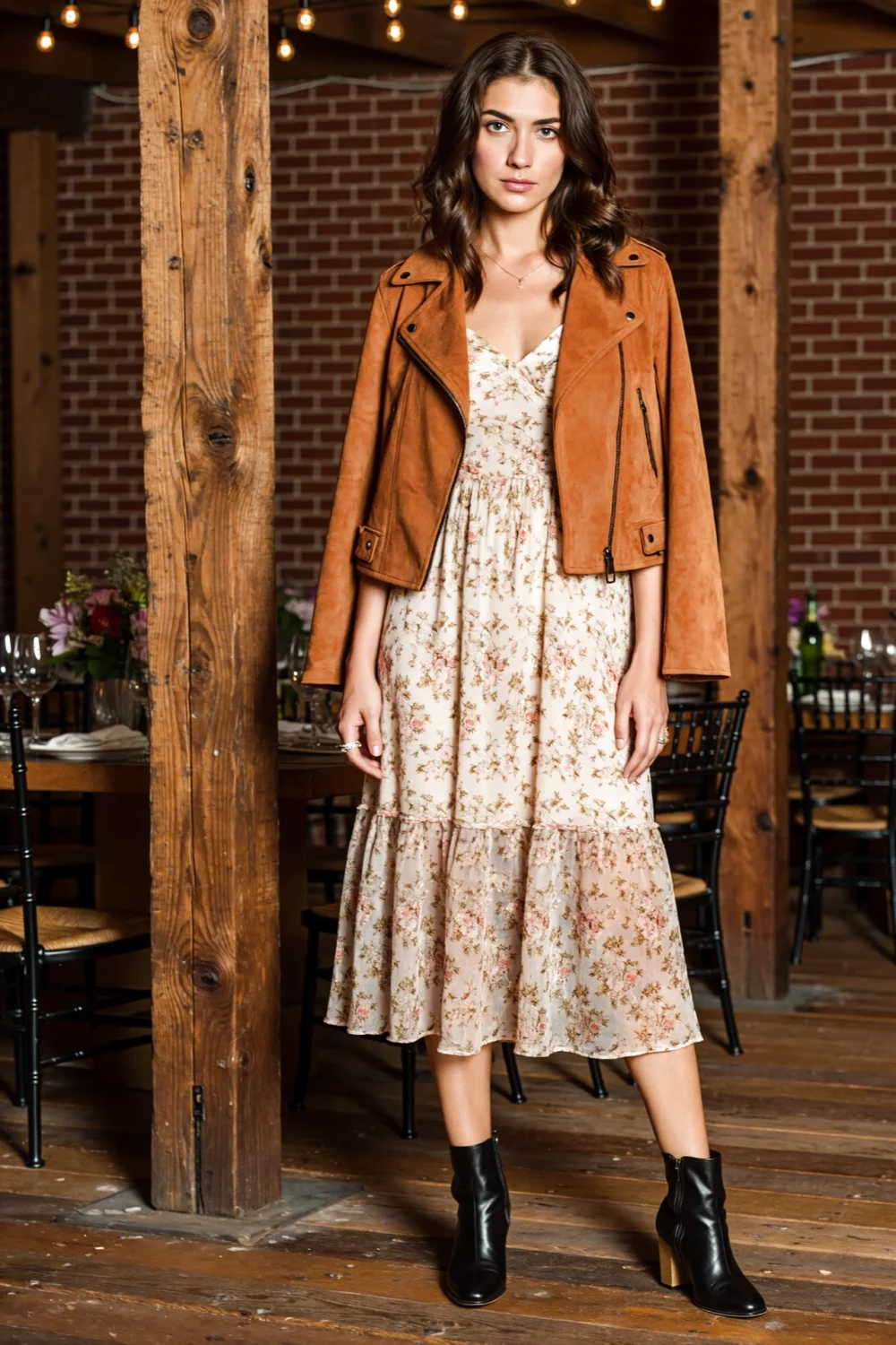 Woman in floral midi dress and cropped suede jacket with black ankle boots in rustic rehearsal dinner venue, soft and structured.