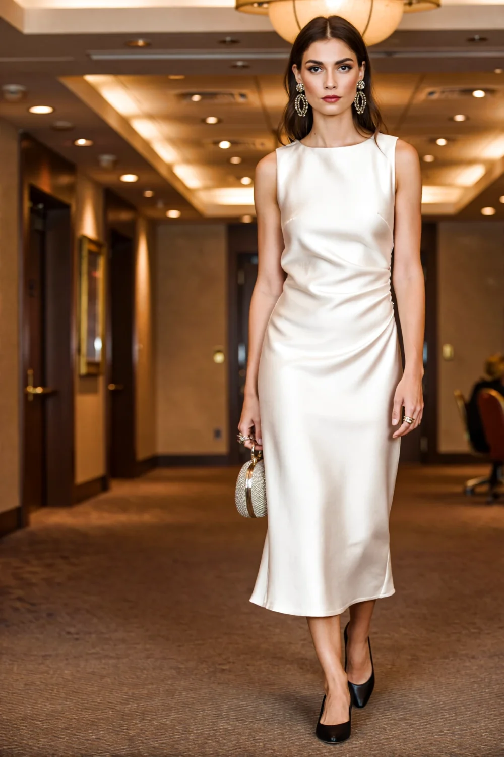 Elegant midi dress outfit with bold statement earrings, small clutch and simple black heels for a jazz-ready evening look