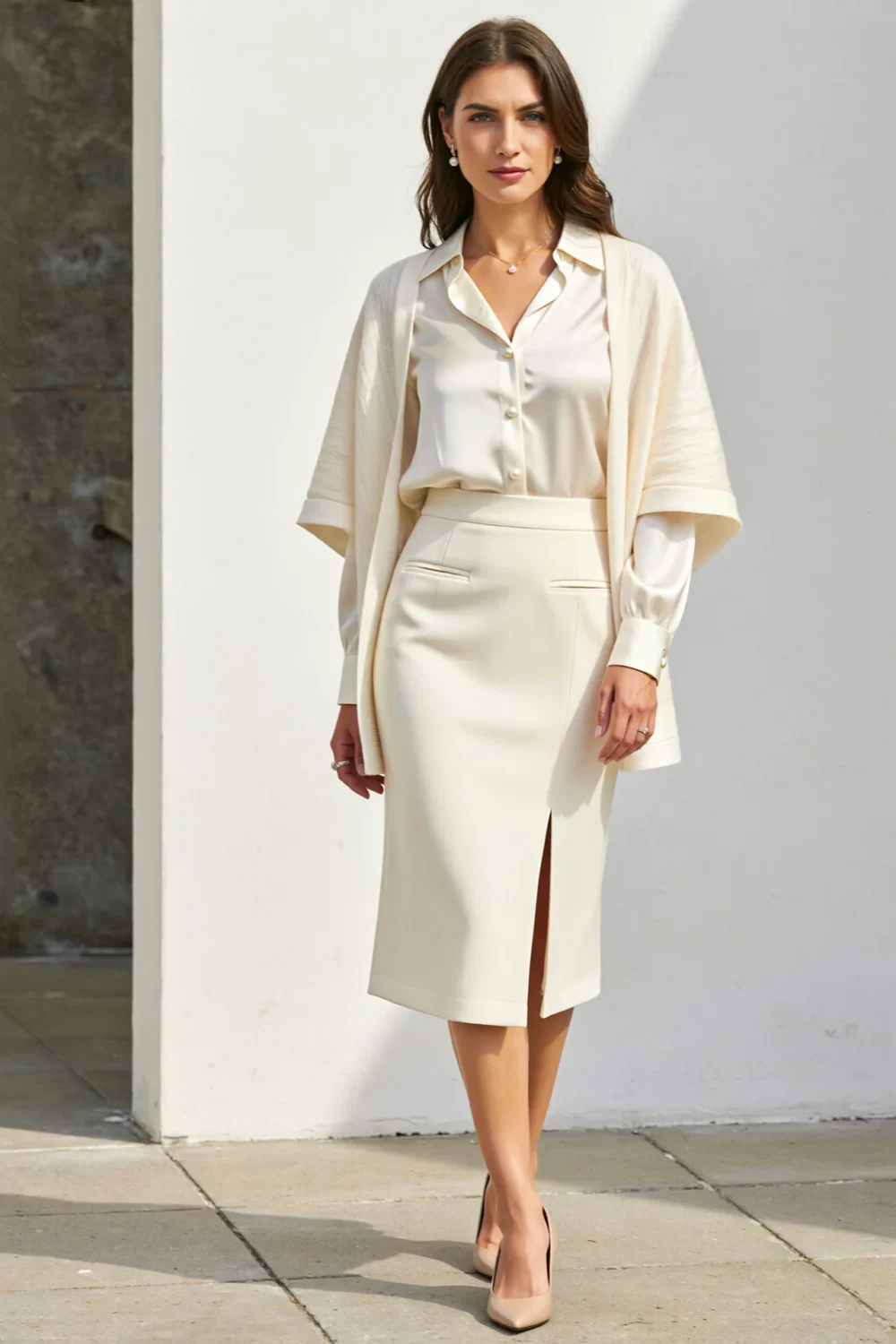 Elegant woman in ivory blouse, midi skirt and lightweight shawl, styled for a refined summer wedding ceremony or church event