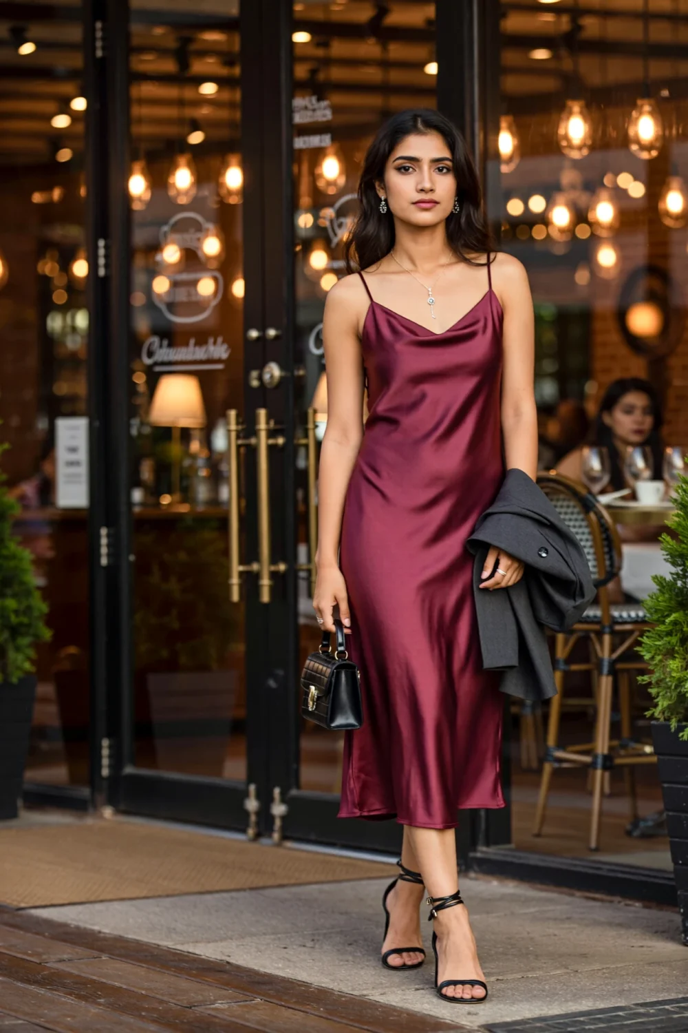 Woman in burgundy satin midi slip dress skimming her figure, holding a gray blazer and black bag, strappy heels outside a café.