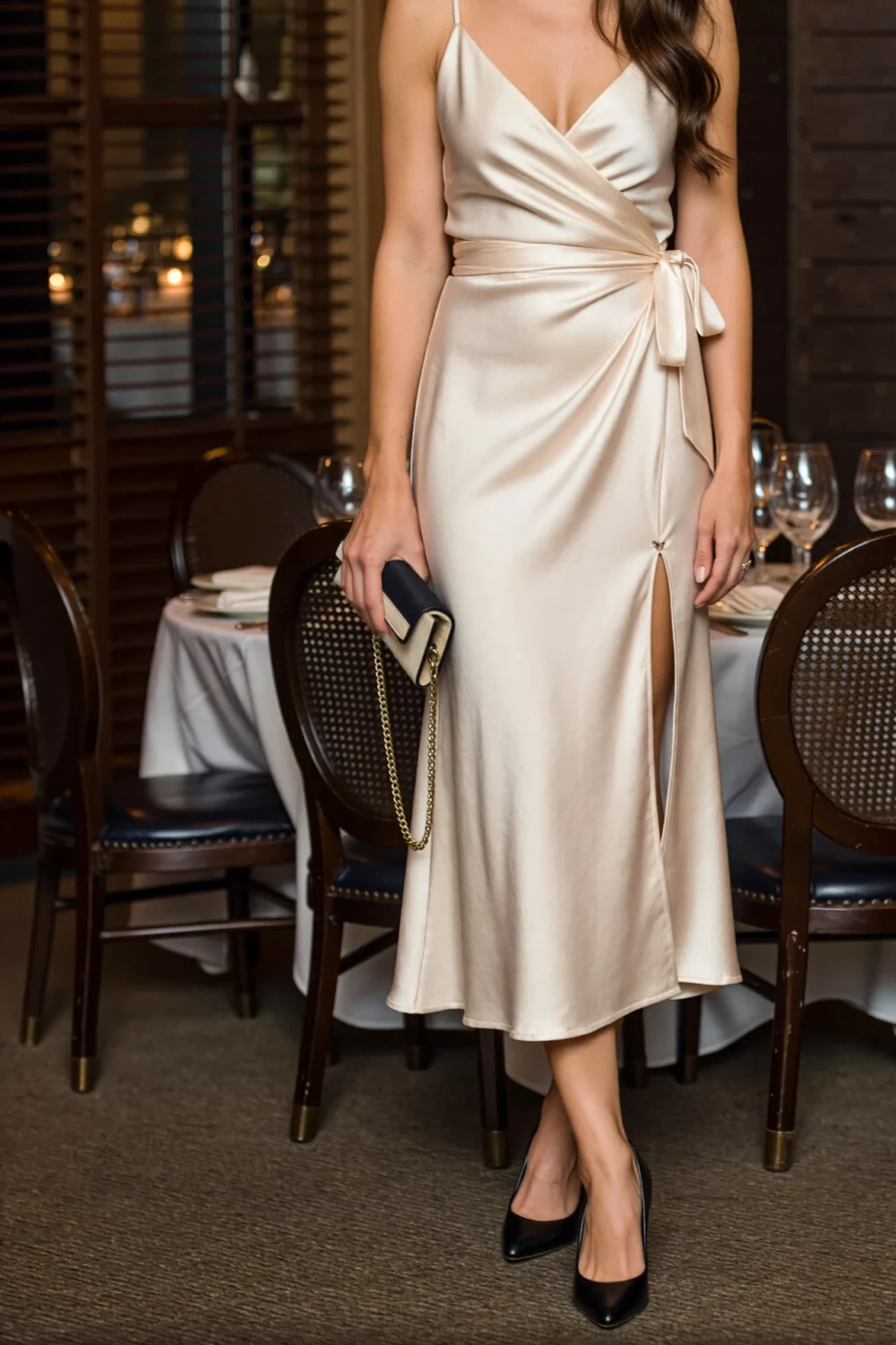 Elegant midi wrap dress with self-tie waist, block heels, and slim clutch, styled for a polished reunion dinner look in warm tones