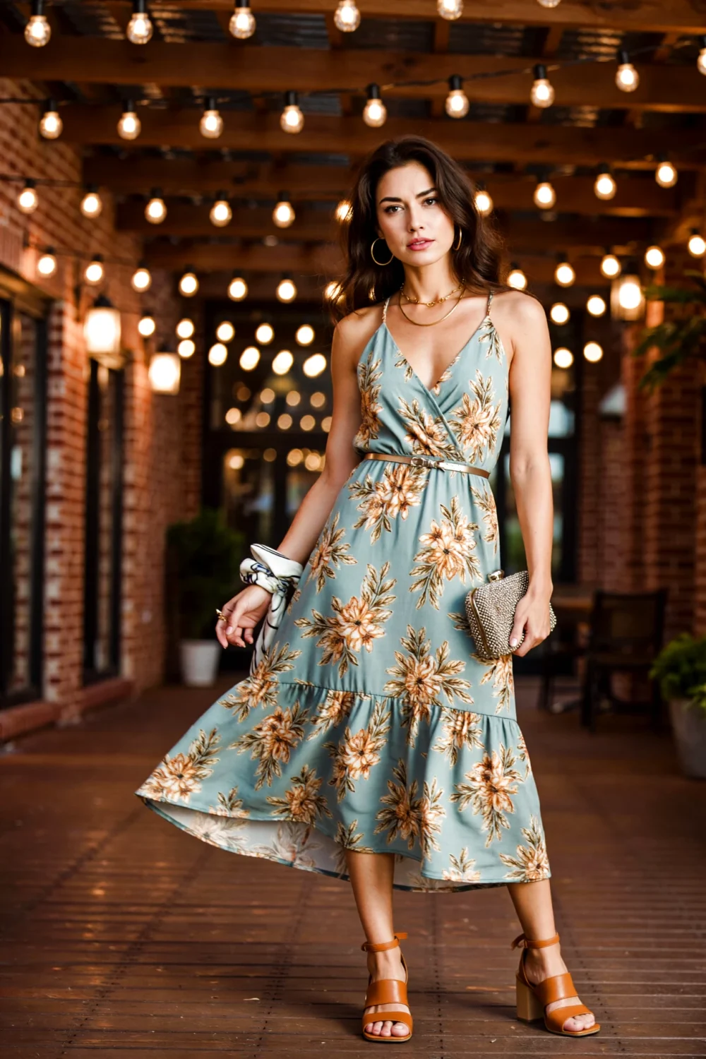 Woman in teal halter midi dress with orange florals, deep V ruched bodice, A-line skirt, metallic belt and clutch, tan block heels