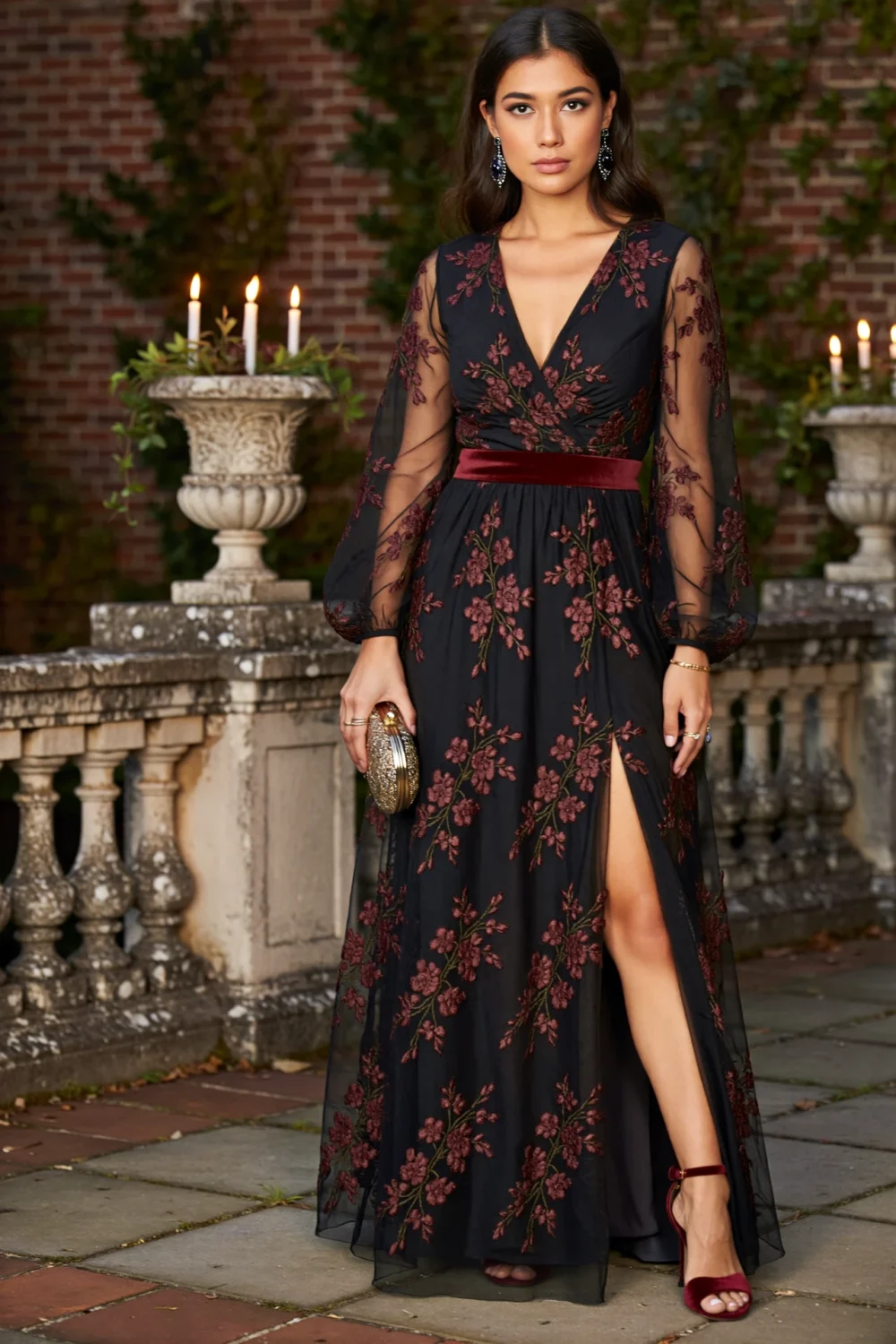 Black chiffon maxi gown with burgundy floral embroidery, velvet waist belt, sheer sleeves, and slit skirt for a romantic Halloween wedding guest look