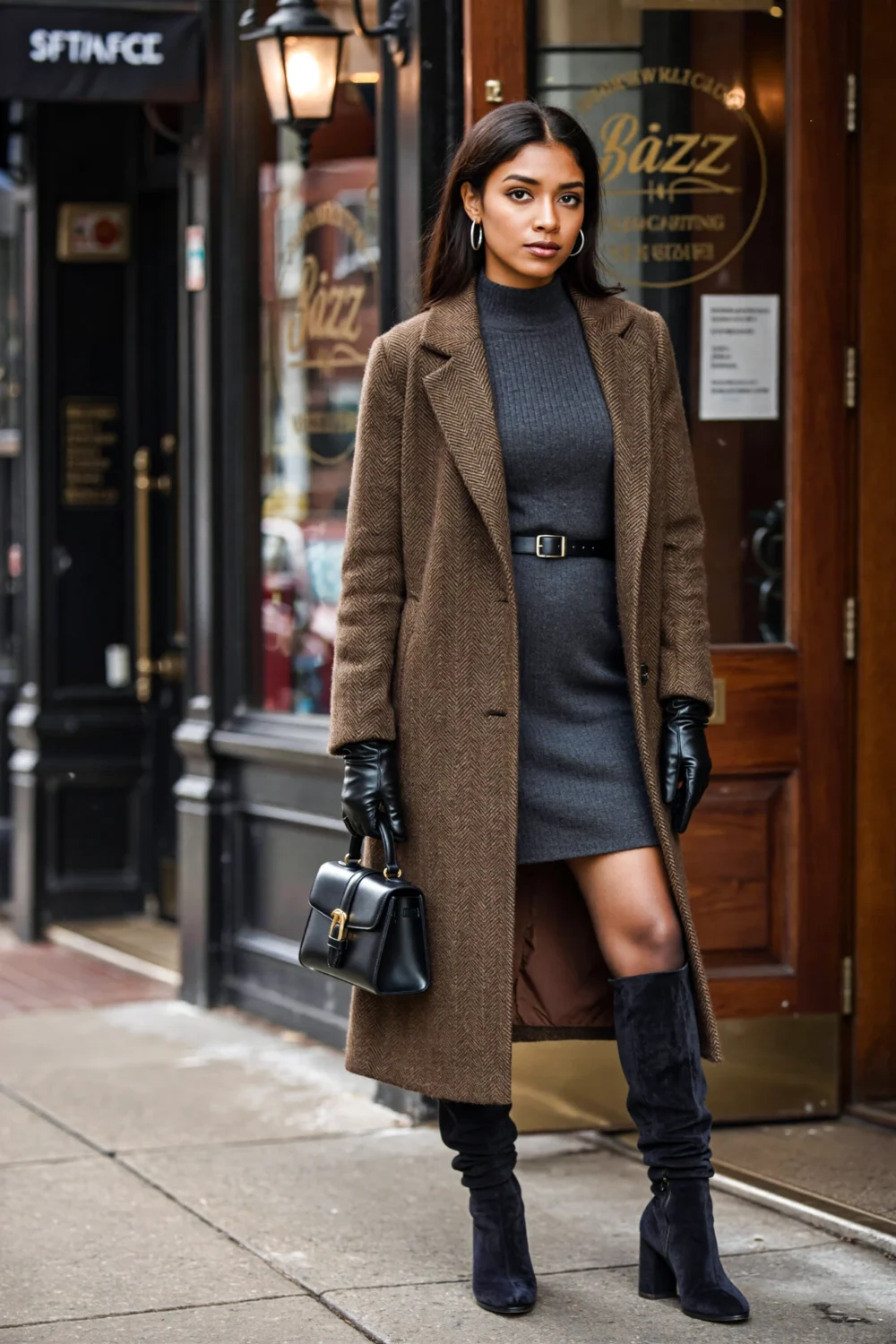 Charcoal ribbed turtleneck mini dress with slim belt, espresso herringbone coat, over-the-knee suede boots and black gloves, night-out style