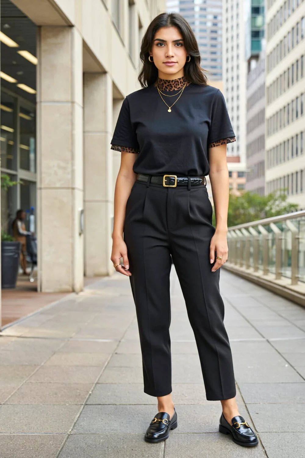 Woman in black tailored outfit with leopard mesh neckline and cuffs, tapered trousers, and loafers on a city street, polished
