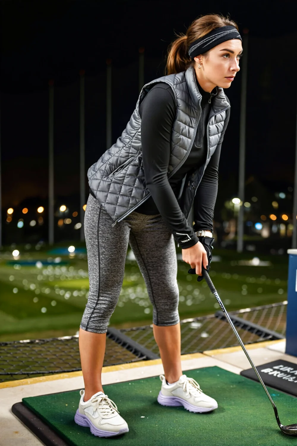 Night driving-range golfer in a fitted black half-zip, ribbed ear-warmer, micro-vest, graphite 7/8s chunky white-lavender trainers