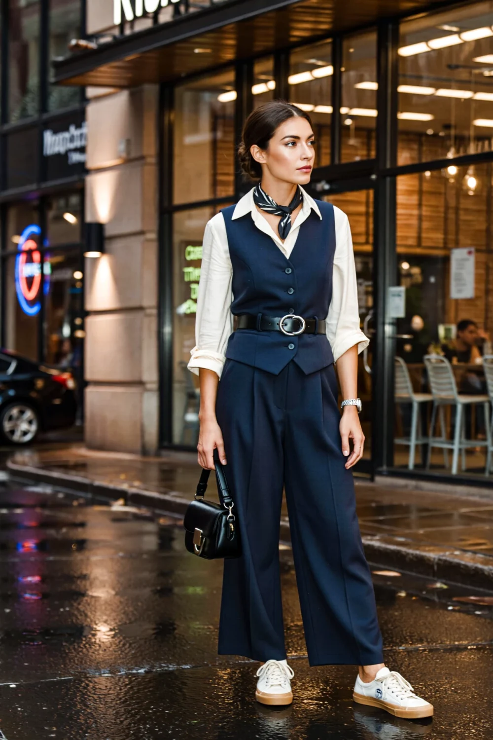 Woman in midnight-navy vest street suit with ivory shirt, pleated trousers, O-ring belt, scarf and sneakers on city street