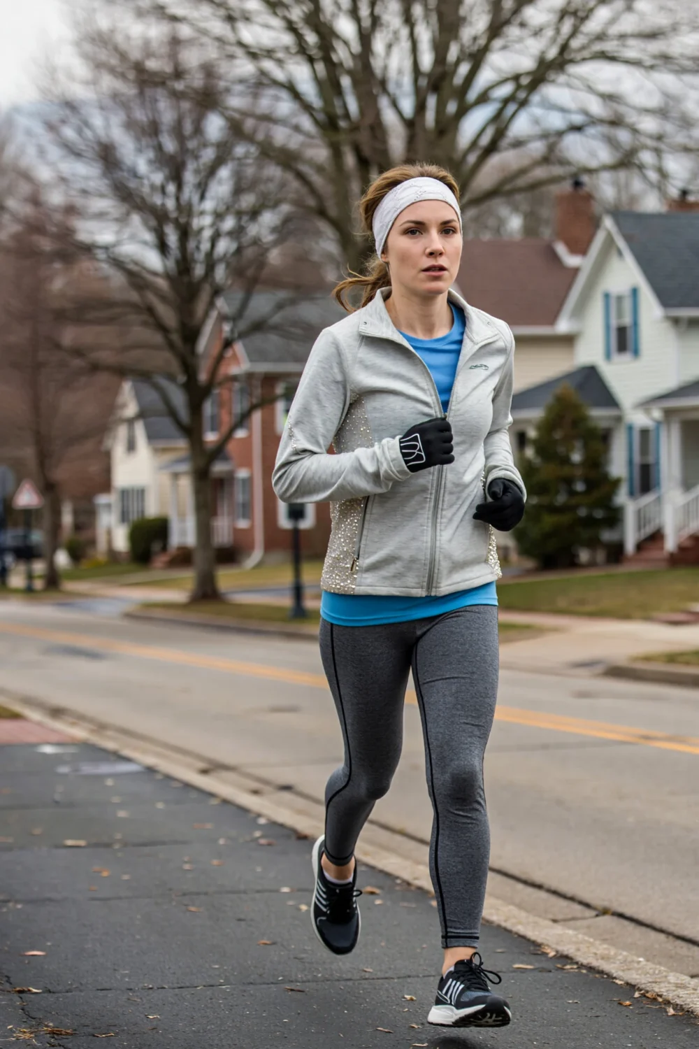 Female runner in mild-chill outfit: light grey windbreaker over blue base layer brushed 7/8 tights, contoured earband, thin gloves