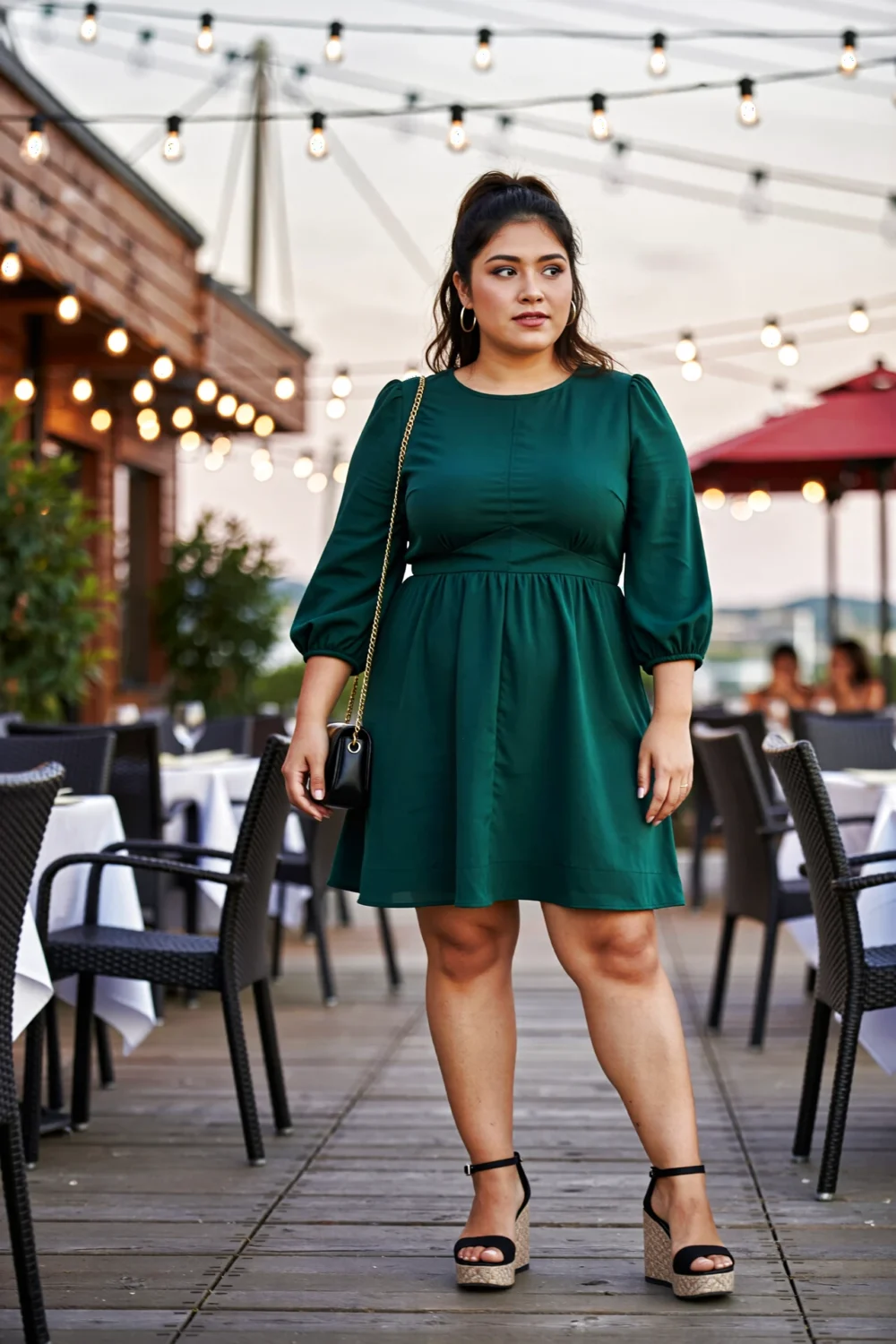 Woman wearing a green A-line mini dress with a higher neckline and sleeves, also balancing short hem for a polished, modest look.