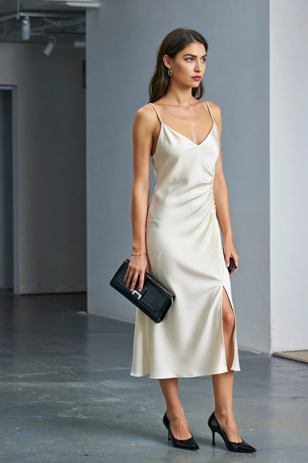 Ivory midi slip dress with side slit, paired with black pointed stilettos and a croc-textured clutch for sleek high-contrast elegance