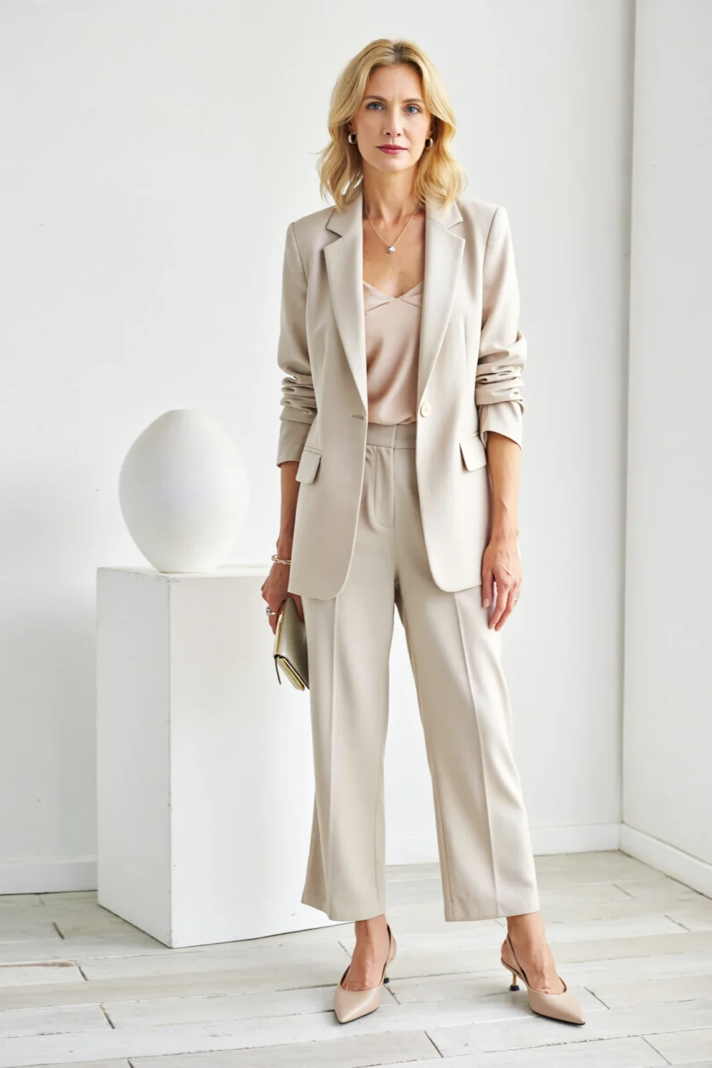Woman in a minimalist beige pantsuit with a modest silk camisole, holding a slim clutch and wearing pointed kitten heels poised.