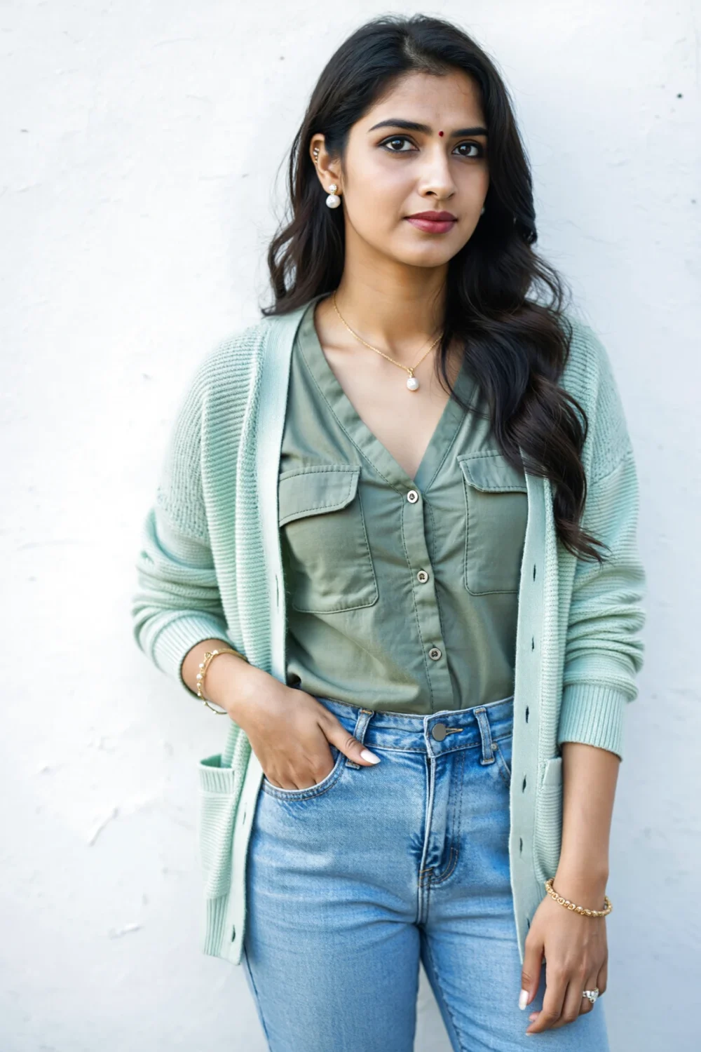 Woman in a sage utility shirt and mint cardigan with pearl studs, simple jewelry and light-blue jeans for a fresh, quiet luxury.