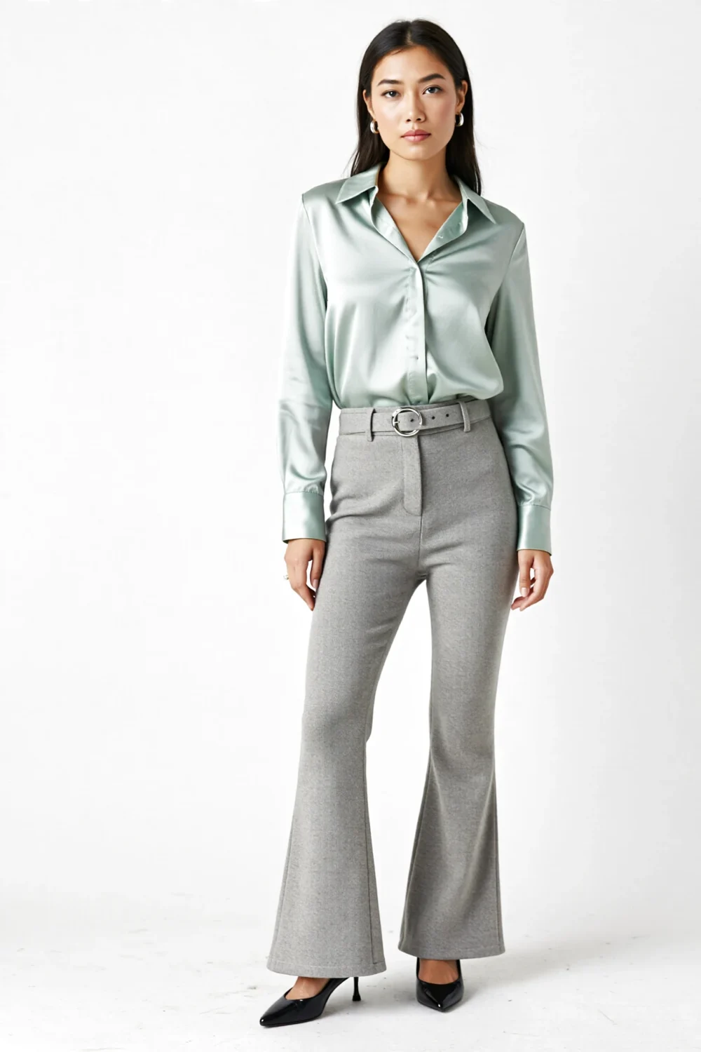 Model in mint satin blouse and dove gray textured flared pants with belt and black pumps, creating a sleek modern minimalist outfit