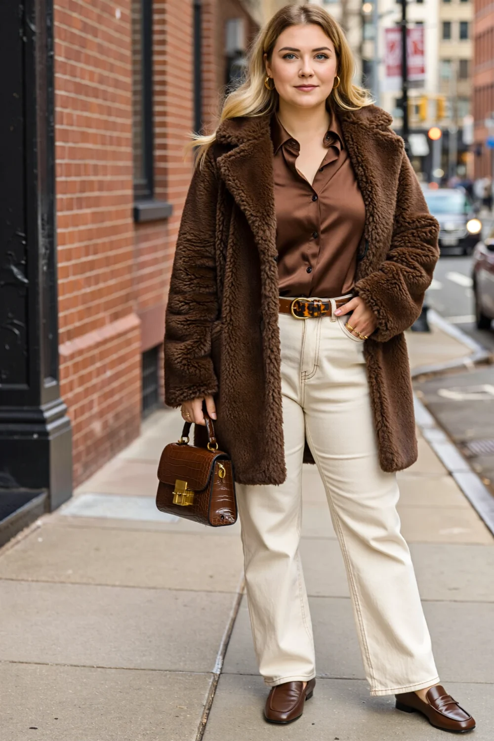 Woman in mocha faux-fur coat and satin shirt with ivory jeans, styled for cozy chic Broadway show outfits on city streets