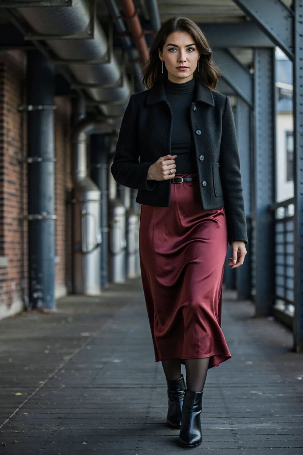Woman in an industrial walkway wearing a black mock-neck bodysuit under a cropped jacket in a burgundy slip skirt and ankle boots