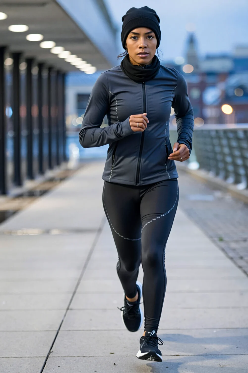 Woman running on urban bridge in a black mock-neck top with thumbholes and high-waist compressive tights with reflective piping