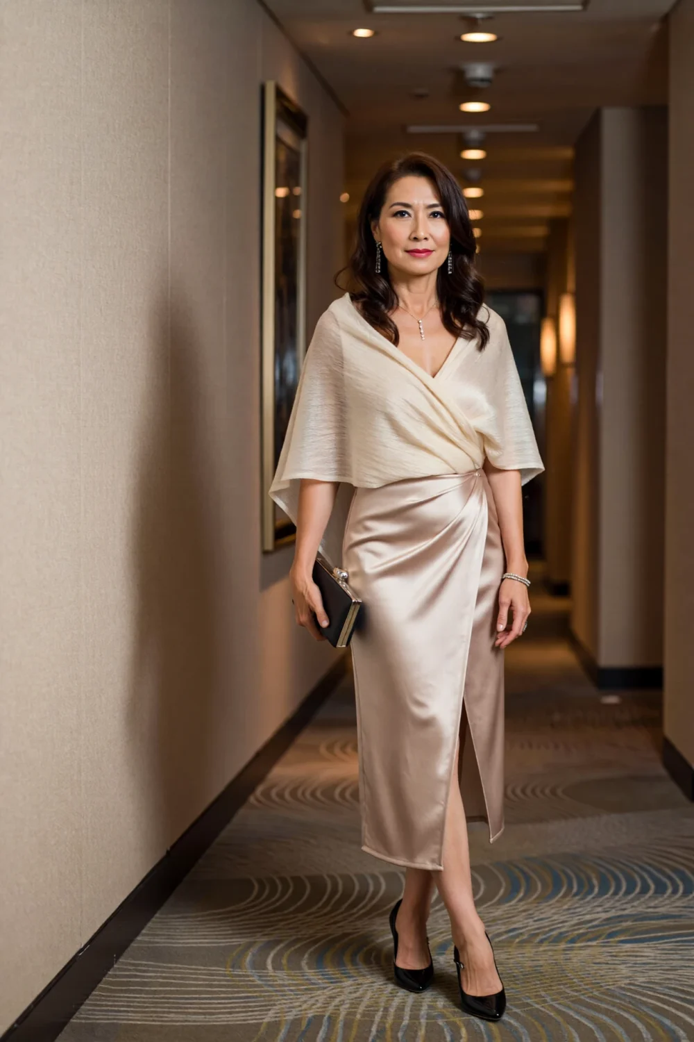 Woman in a champagne satin wrap dress with lightweight shawl draped off one shoulder, holding a clutch in a hotel hallway tonight