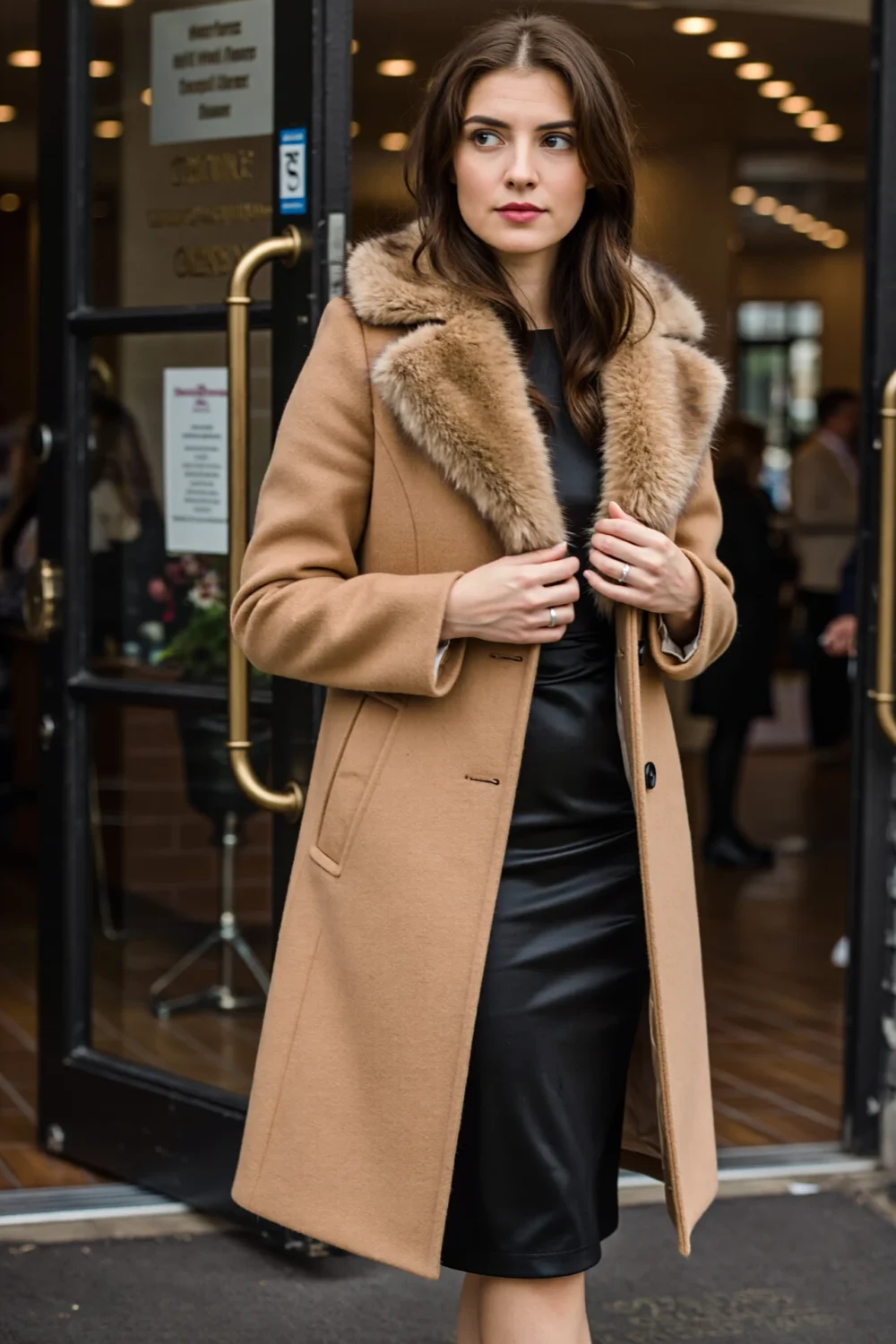 Woman stepping through a doorway wearing a camel modular coat with detachable faux-fur collar over a black dress, poised, elegant