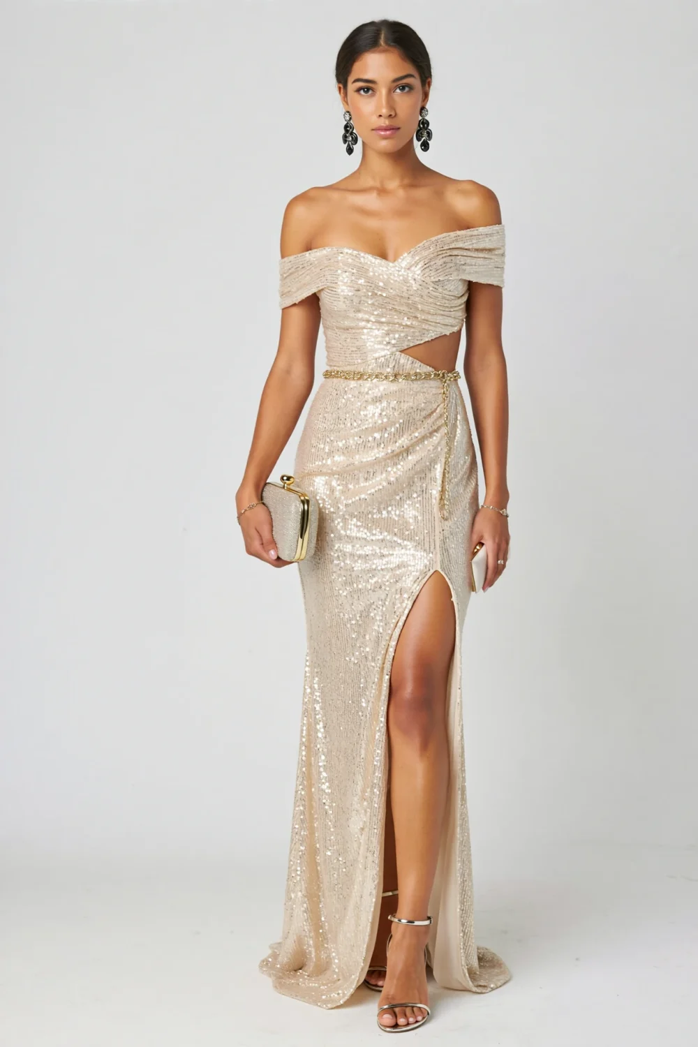 Champagne sequin off-shoulder column gown with asymmetric neckline, side cutout, ruched bodice and high slit, floor-skimming shimmer