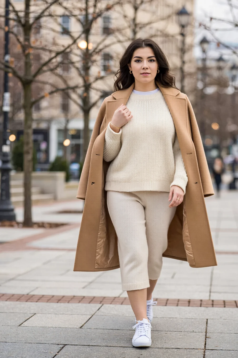 Woman walking in a monochrome cream knit set with cropped trousers, white sneakers, camel wool coat with subtle metallic jewelry.
