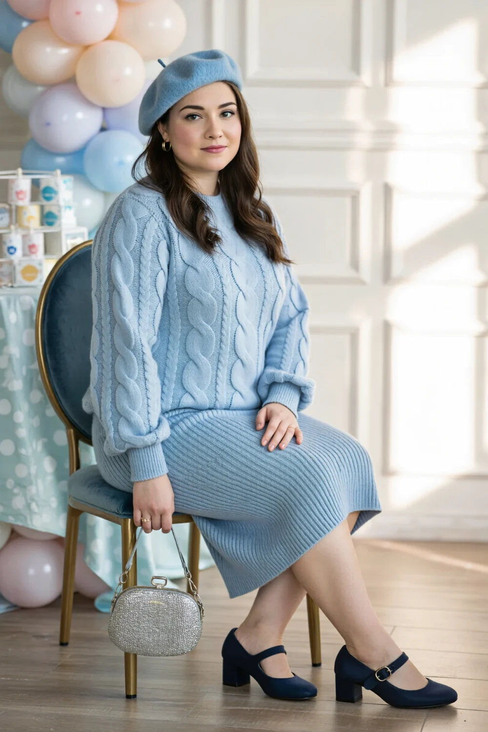 Woman seated in a cozy monochrome dove-blue pastel knit set with matching beret, midi skirt, small bag and navy Mary-Jane shoes.