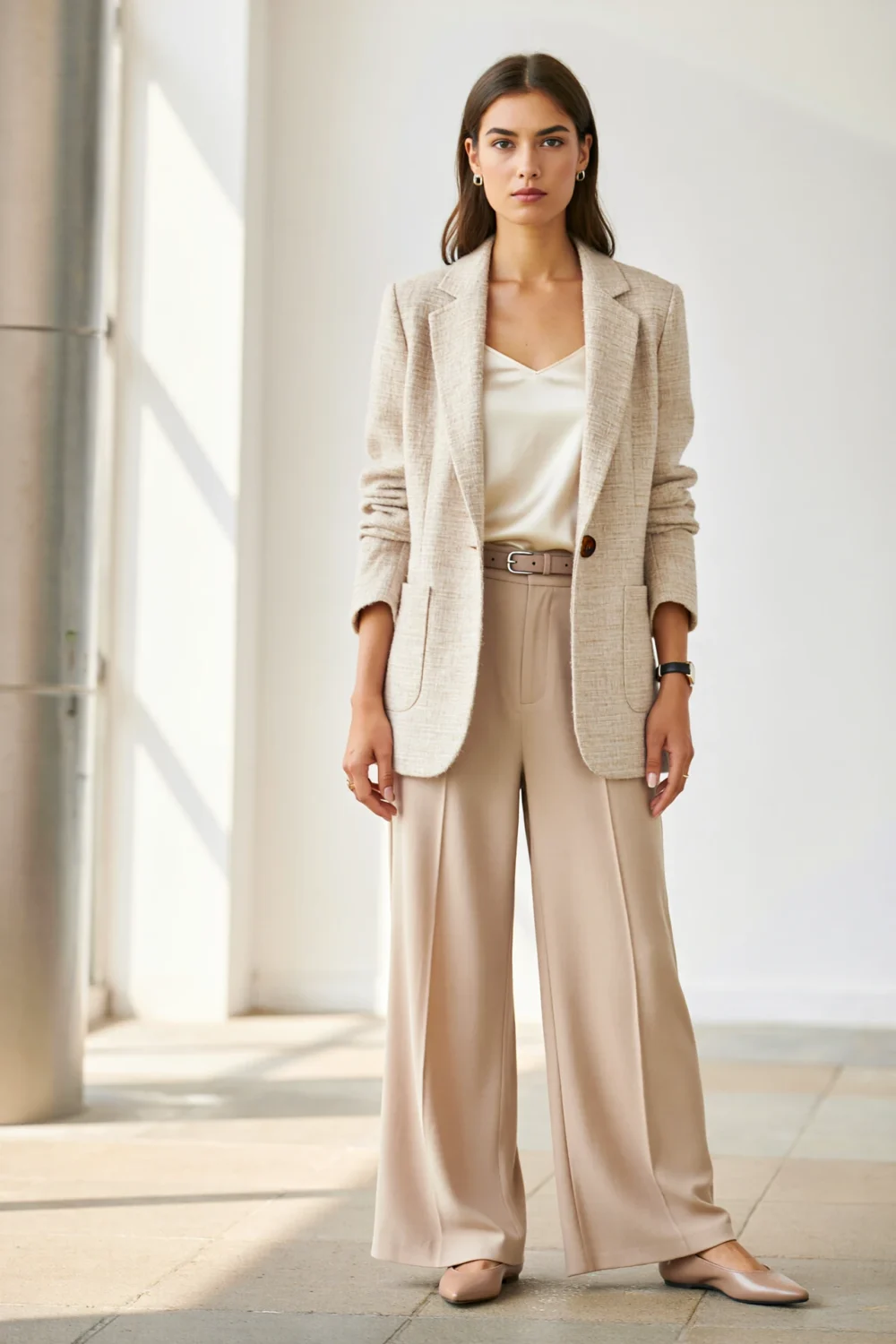 Woman in monochrome soft-beige wide-leg trousers, ivory silk-look shell, and stone blazer for polished, conference-ready style