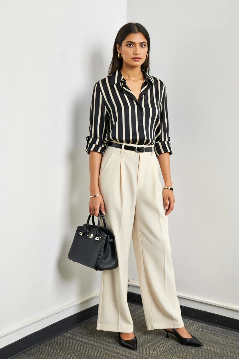 Woman in black-and-ivory striped blouse and ivory crepe trousers, styled with slingback pumps and a structured mini tote for sleek summer power dressing