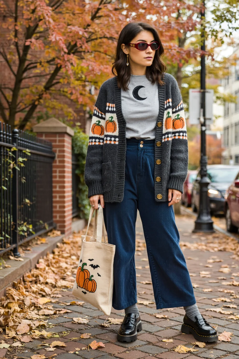 Woman in charcoal pumpkin cardigan, moon tee, navy corduroy trousers and platform loafers, carrying a pumpkin tote on autumn street.