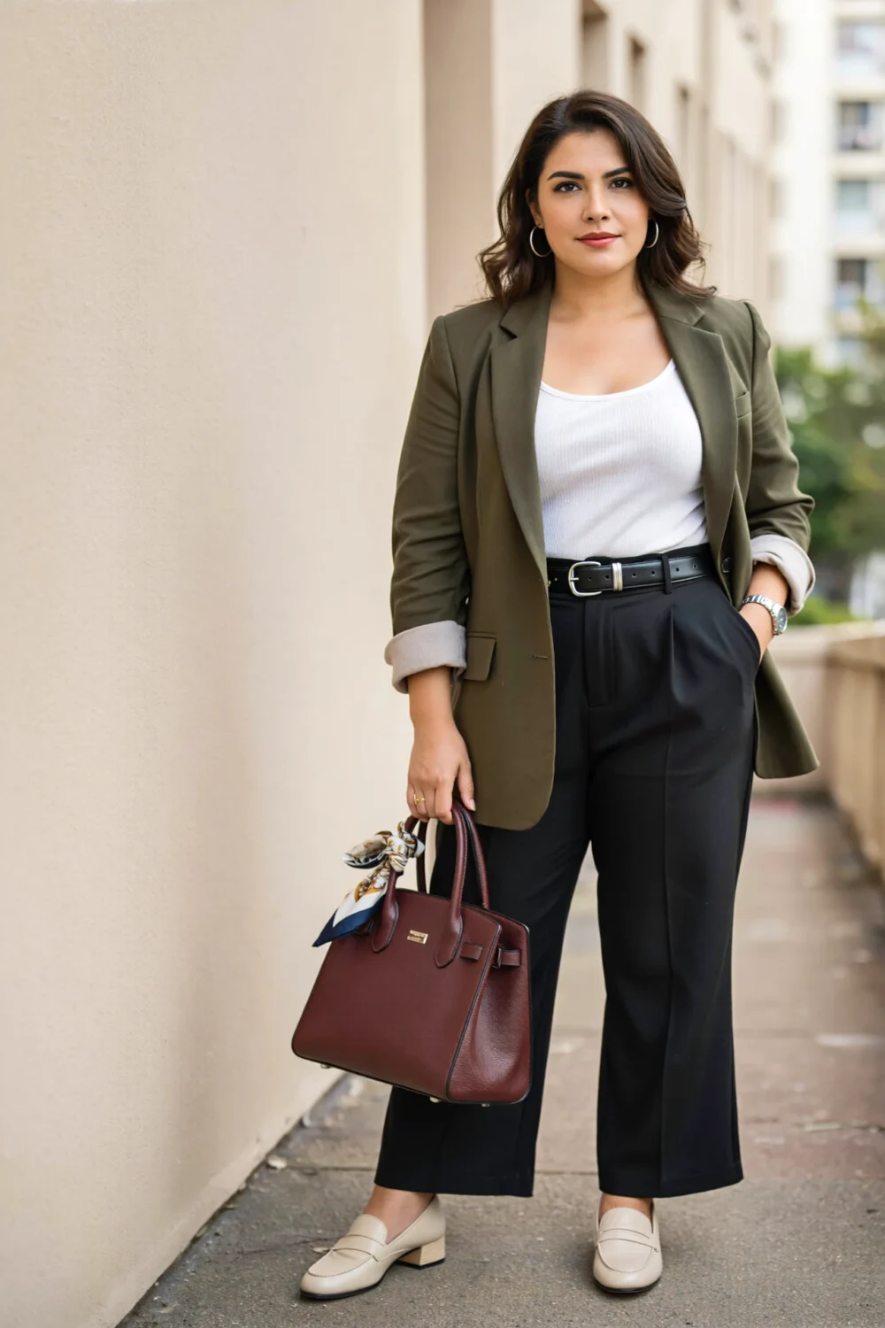 Moss-olive blazer with white tank, black wide-leg trousers, ecru loafers and oxblood top-handle bag for polished office style