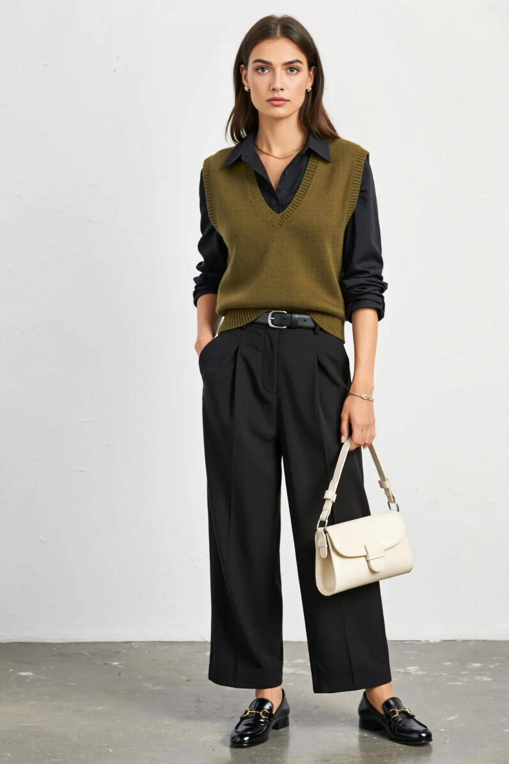 Moss green sweater vest over black shirt with wide-leg trousers and loafers, creating polished office-ready Halloween-inspired style