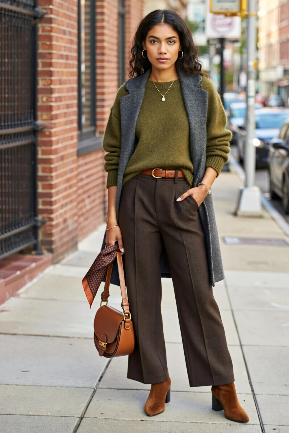 Moss sweater with charcoal coat, dark herringbone trousers and espresso boots create a rich, modern fall street style look