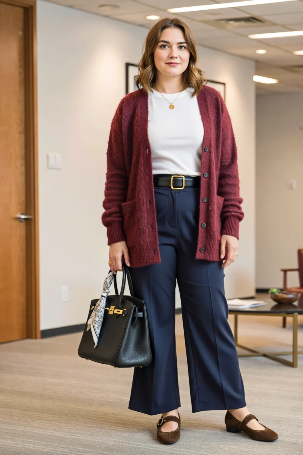 Woman in a mulberry cardigan with white tee and navy pleated trousers, carrying a black tote for a calm polished office look.