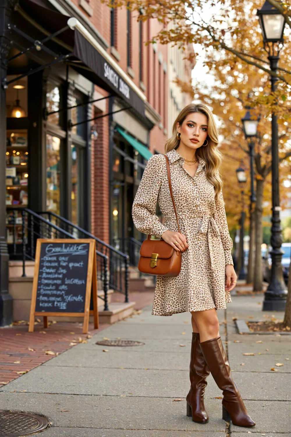 Woman in muted leopard shirtdress, self-tie belt and chocolate knee boots, strolling autumn street with café backdrop, 128