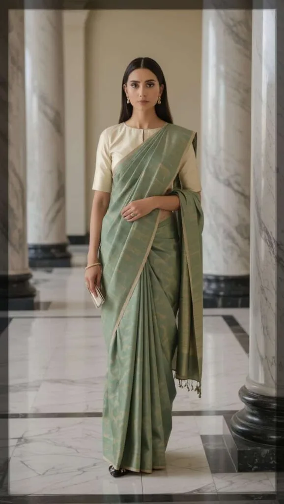 A woman in a courthouse corridor, elegantly draped in a muted-tone sari with a simple cream blouse.
