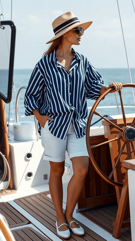 A woman in a striped shirt and white shorts standing at the helm of a yacht, wearing a straw hat and sunglasses.