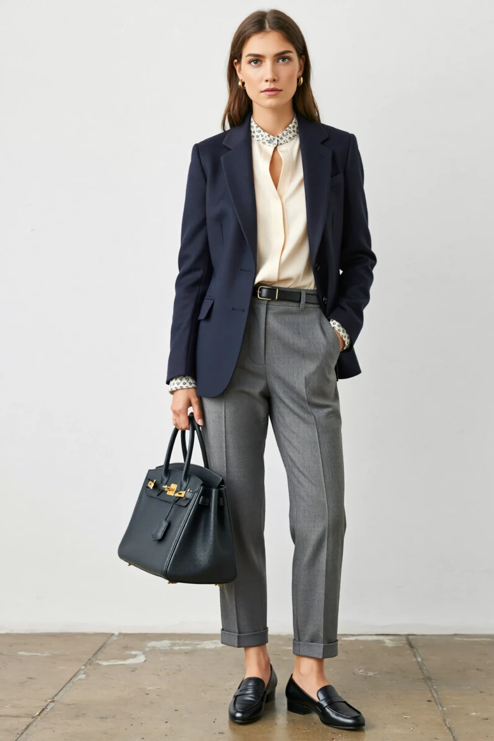 Navy blazer over cream blouse with gray trousers, styled with loafers and tote for a timeless polished court-ready professional look