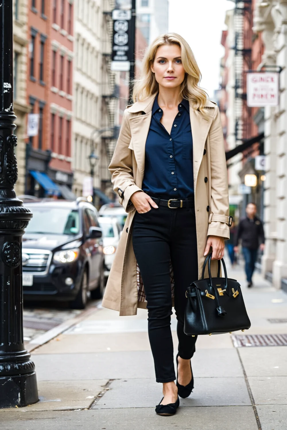 Blonde woman walks a city street in a polished navy button-up with black jeans, beige trench coat, black ballet flats and handbag