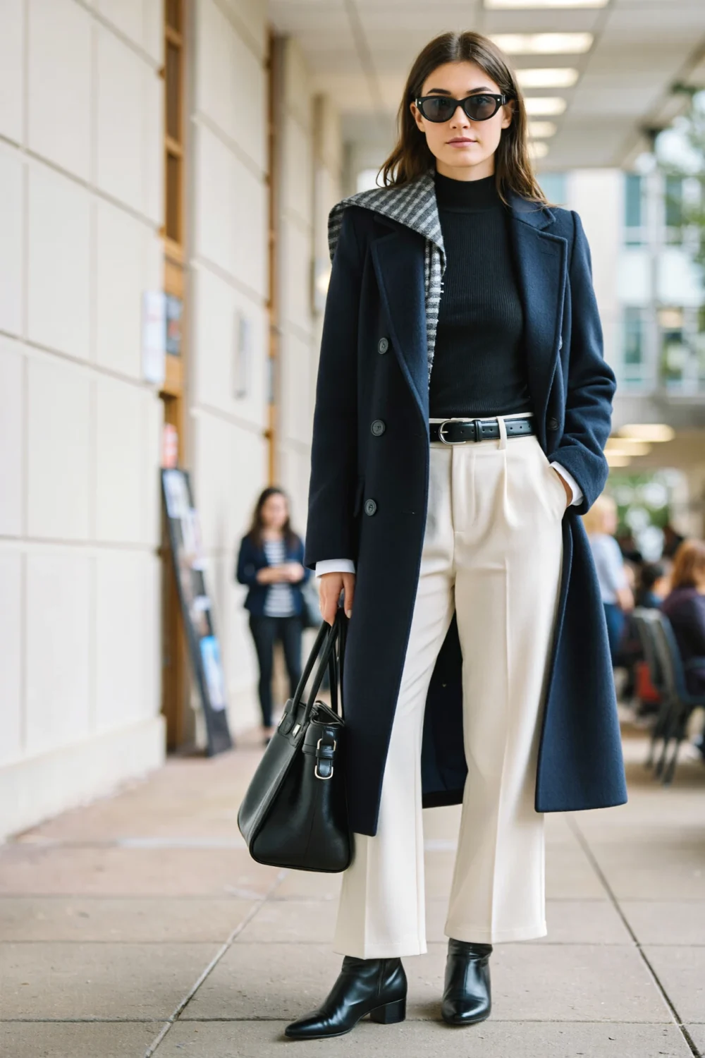 Navy-ivory interview chic: navy longline coat over a sleek black mock-neck, ivory wide-leg trousers, croc belt, black ankle boots