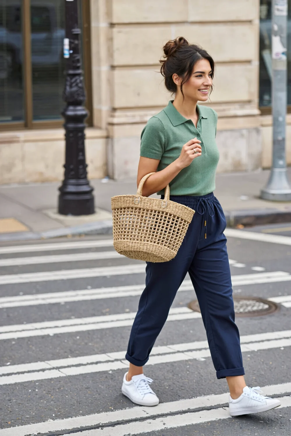 Woman walking in a soft green polo, navy paper-bag waist pants, white sneakers and a woven straw tote for a casual weekend look