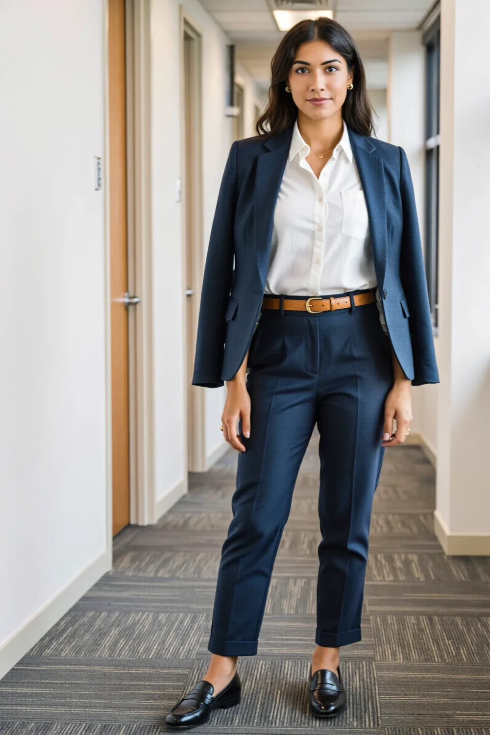 Woman in a navy blazer and pleated trousers, white button-up, tan belt, and loafers, creating a polished preppy office look
