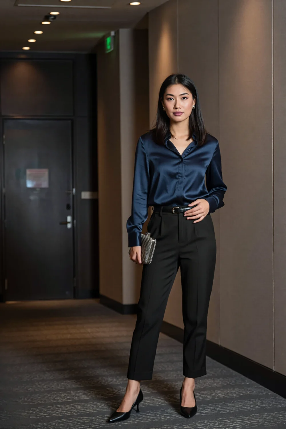 Woman in a navy silk button-up tucked into black straight-leg trousers with a leather belt, slingback heels and a metallic clutch.