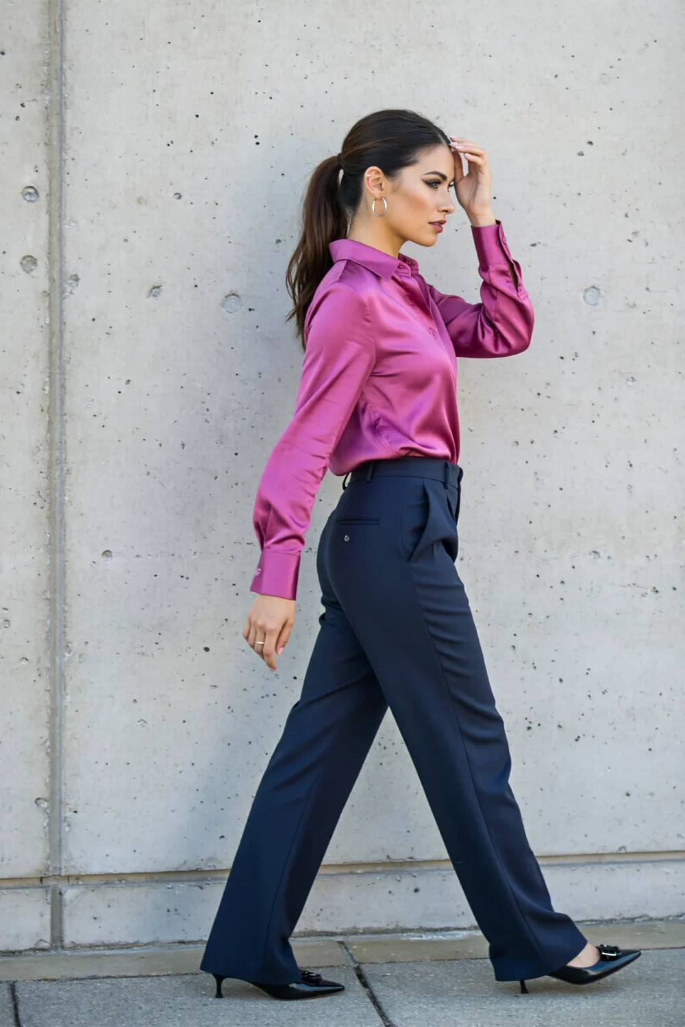 Profile of woman in fuchsia shirt tucked into navy trousers, sleek ponytail, hoop earrings and pointed heels by a concrete wall