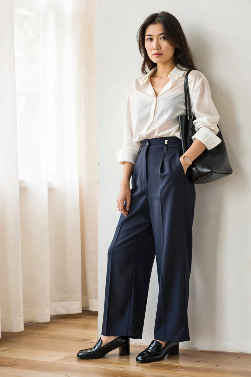 Relaxed white shirt with wide-leg navy trousers, black loafers, and shoulder bag for a quietly luxe, tailored office look.