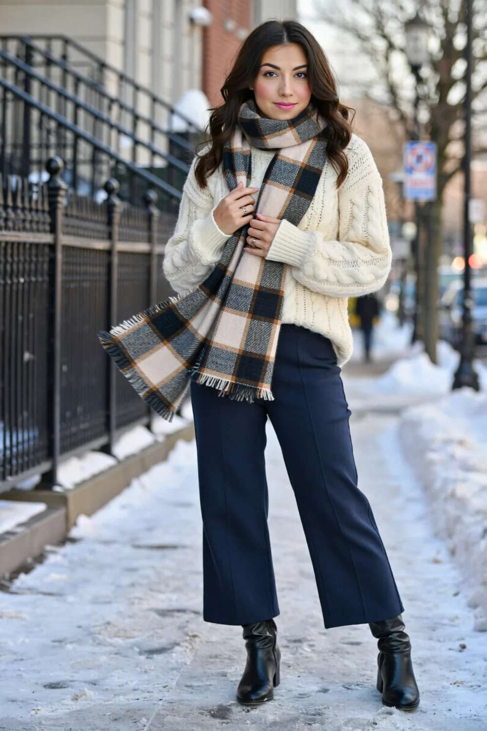 Wintry chic woman in an ivory cable-knit slouchy sweater with navy wide-leg pants, plaid scarf and black knee-high boots, posing.