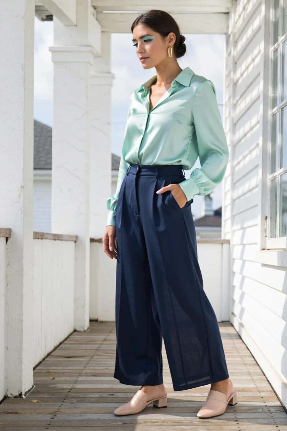 Model on porch wearing mint silk blouse tucked into navy wide-leg trousers, gold hoop earrings and nude mules for breezy polished look